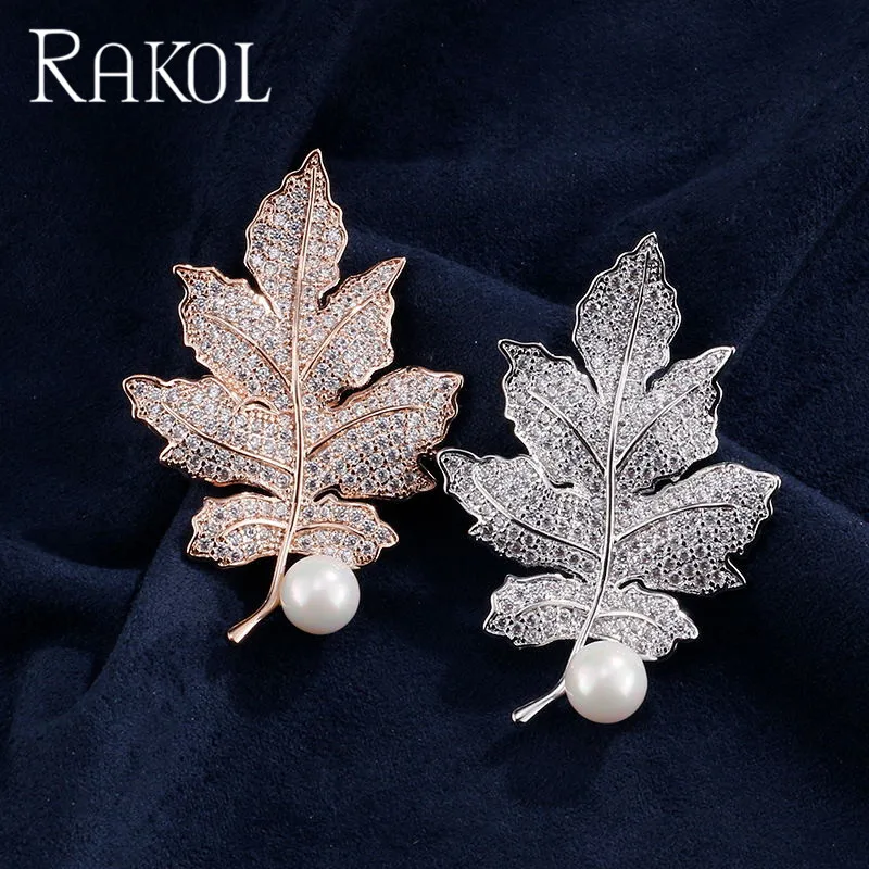 RAKOL новый роскошный блестящий лист ААА фианит с брошь искусственным жемчугом