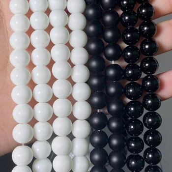 Wholesale Natural Stone White Black Agates Dull Polish Matte Onyx Beads Round Beads for Jewelry Making DIY Bracelets 4-12mm 15" 1