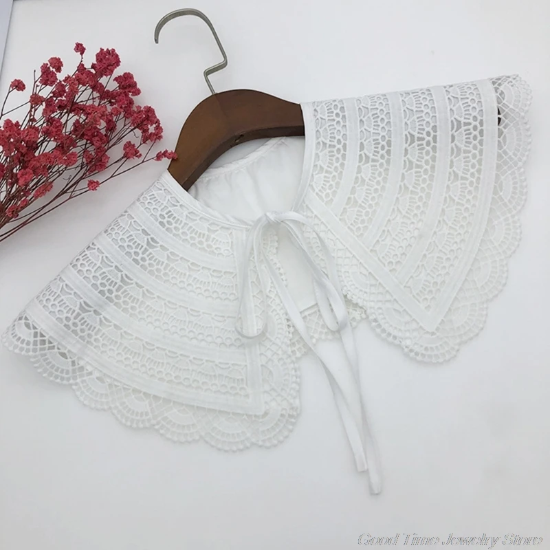

Women Elegant Double Layer Fake Collar Shawl Hollow Out Striped Lace Scalloped Trim Necklace Half Shirt Lace-Up Poncho A20 21