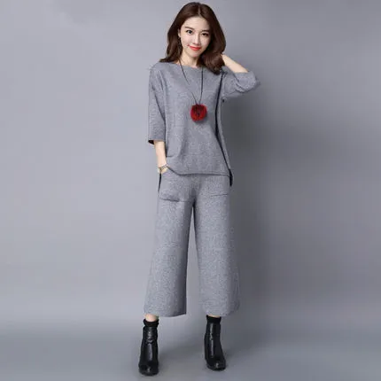 

new suit jacket wide-legged pants spring and autumn Korean fashion knit top trousers women outfit lady vogue 2 pcs clothing set