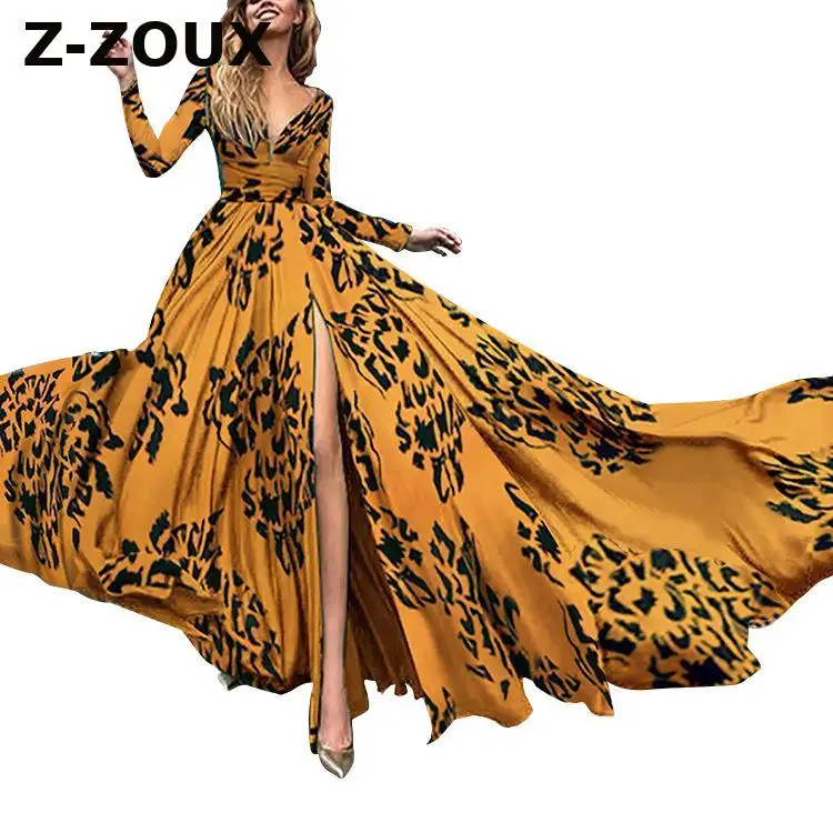 Женское платье с V образным вырезом длинным рукавом и разрезом|Женские платья| |