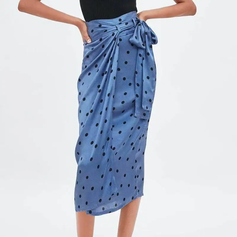 

Женская длинная юбка с запахом, Повседневная пляжная юбка до середины икры в горошек с высокой талией и поясом, лето 2019
