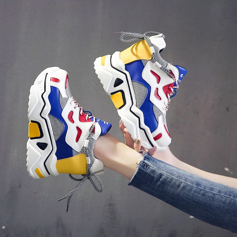 

2021 spring and autumn new color matching breathable mesh surface muffin thick bottom to increase casual female shoes