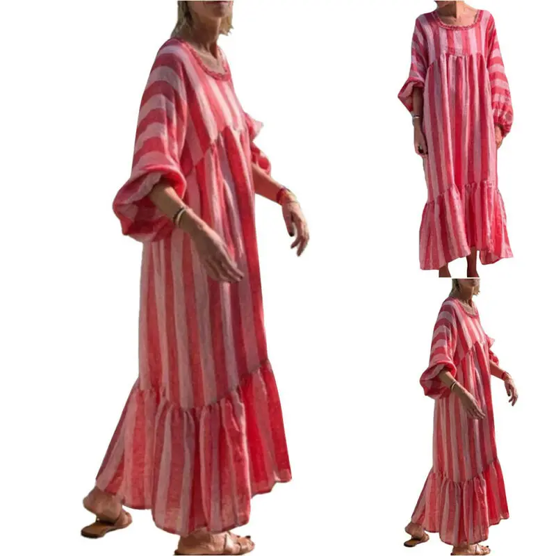 

Womens Long Sleeve Long Maxi Dress Ladies Stripe Loose Casual Holiday Dresses