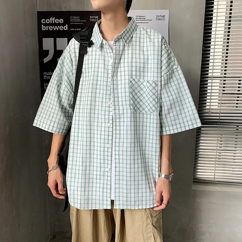 

Summer Plaid Shirt Men Korean Fashion Loose Business Casual Shirt Men Harajuku Streetwear Retro Tooling Short Sleeve Shirt Men