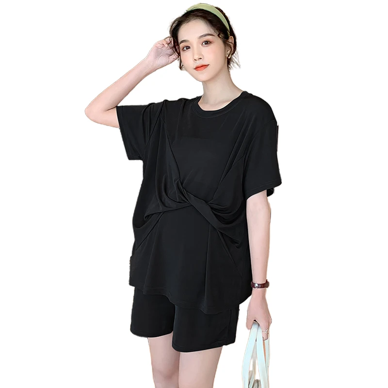 

510# Summer Chic Ins Maternity Clothing Sets Korean Fashion Shirts + Belly Shorts Suits Clothes for Pregnant Women Pregnancy Top