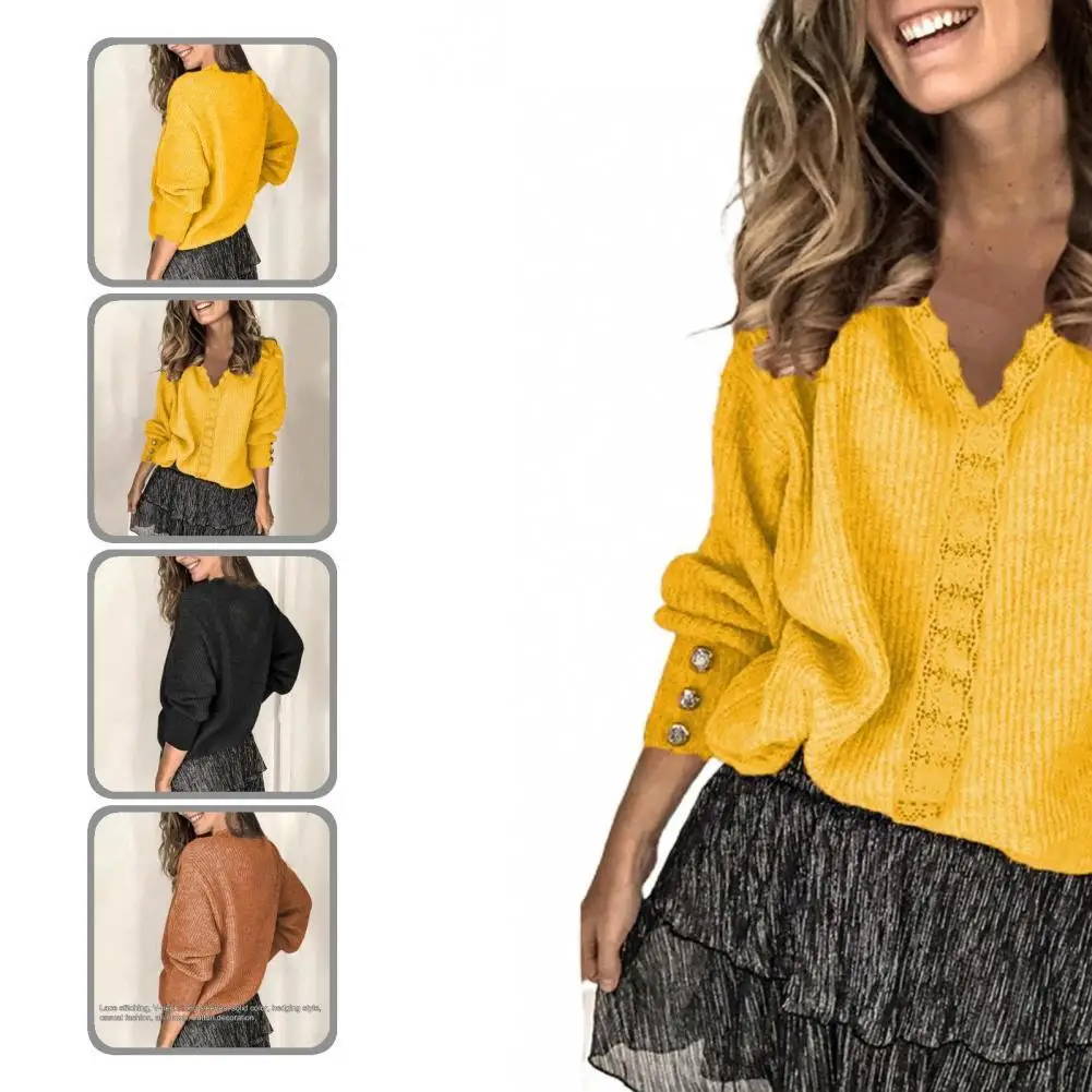 

Women Stylish V Neck Long Sleeve Knitted Pullover Top Autumn Winter Knitted Top Buttons for Office