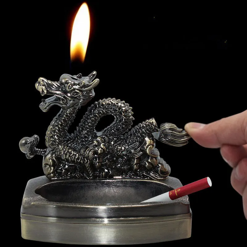 

2 in 1 Dragon cigarette ashtray lighter set refillable butane flame lighter with ashtray decoration