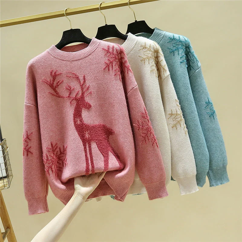 

Casual Loose O-Neck Knitted Sweaters Women 2022 Autumn Basic Elastic Pullover Female Korean Style Christmas Fawn Printing Shirt