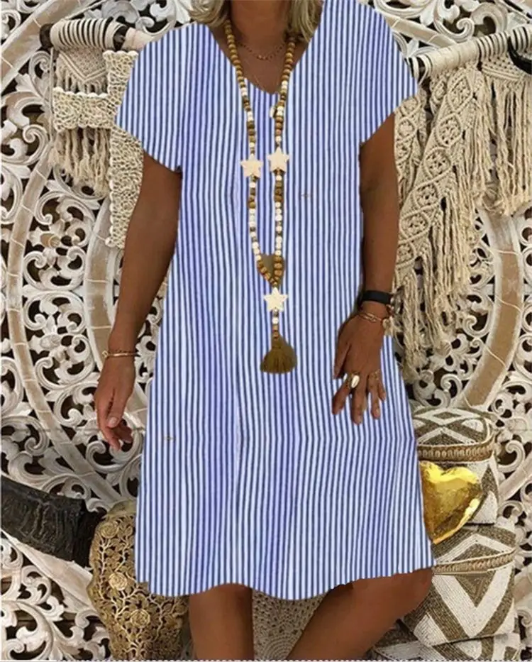 

S-5XL Plus Size Dress Summer Women Vintage Short Sleeve A Line Midi Dress Retro stripe Printed Loose-Fit Beach Casual Dresses