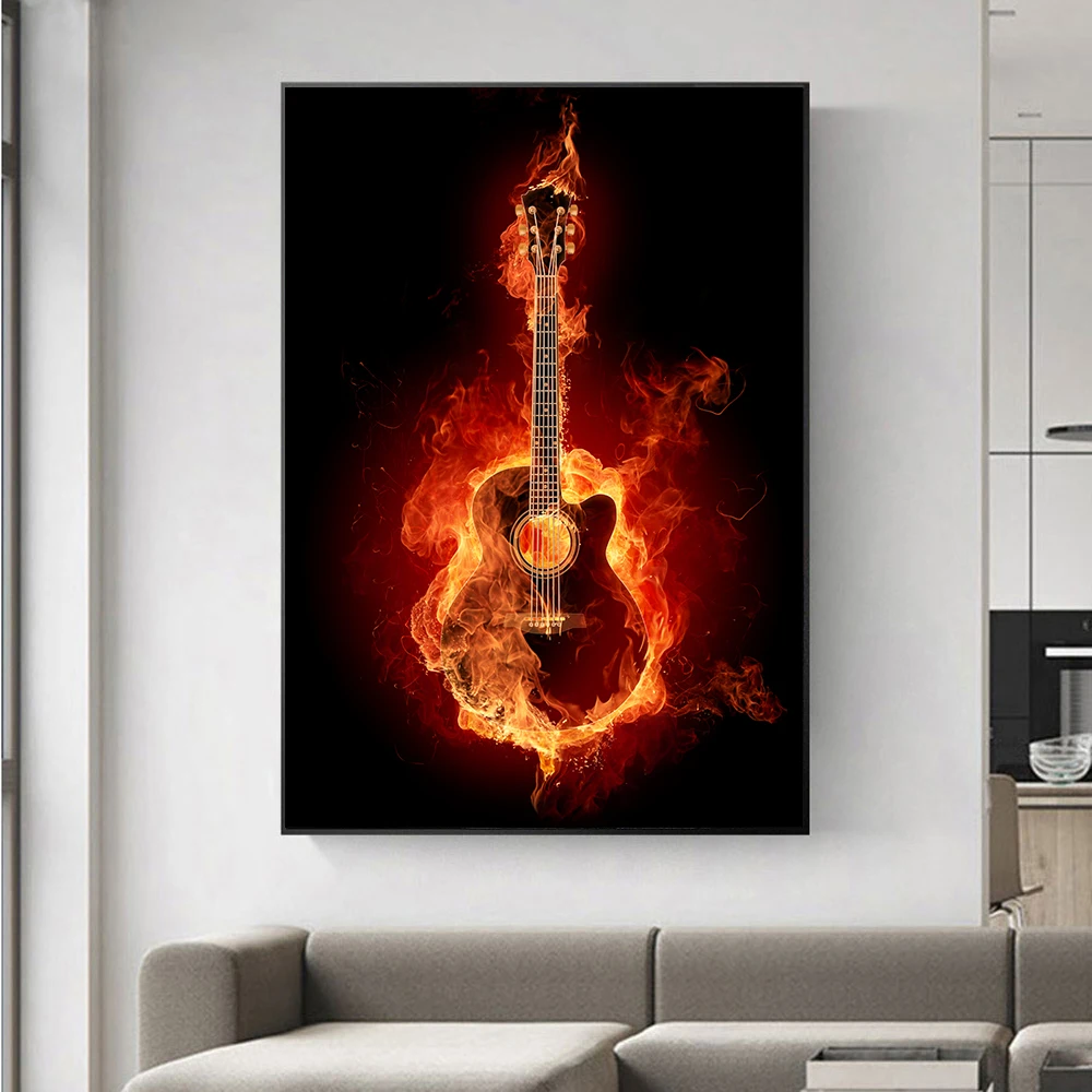 moderne musical instruments feuer brennende elektrische gitarre poster leinwand malerei wand kunst drucke wohnzimmer dekoration bilder free global shi