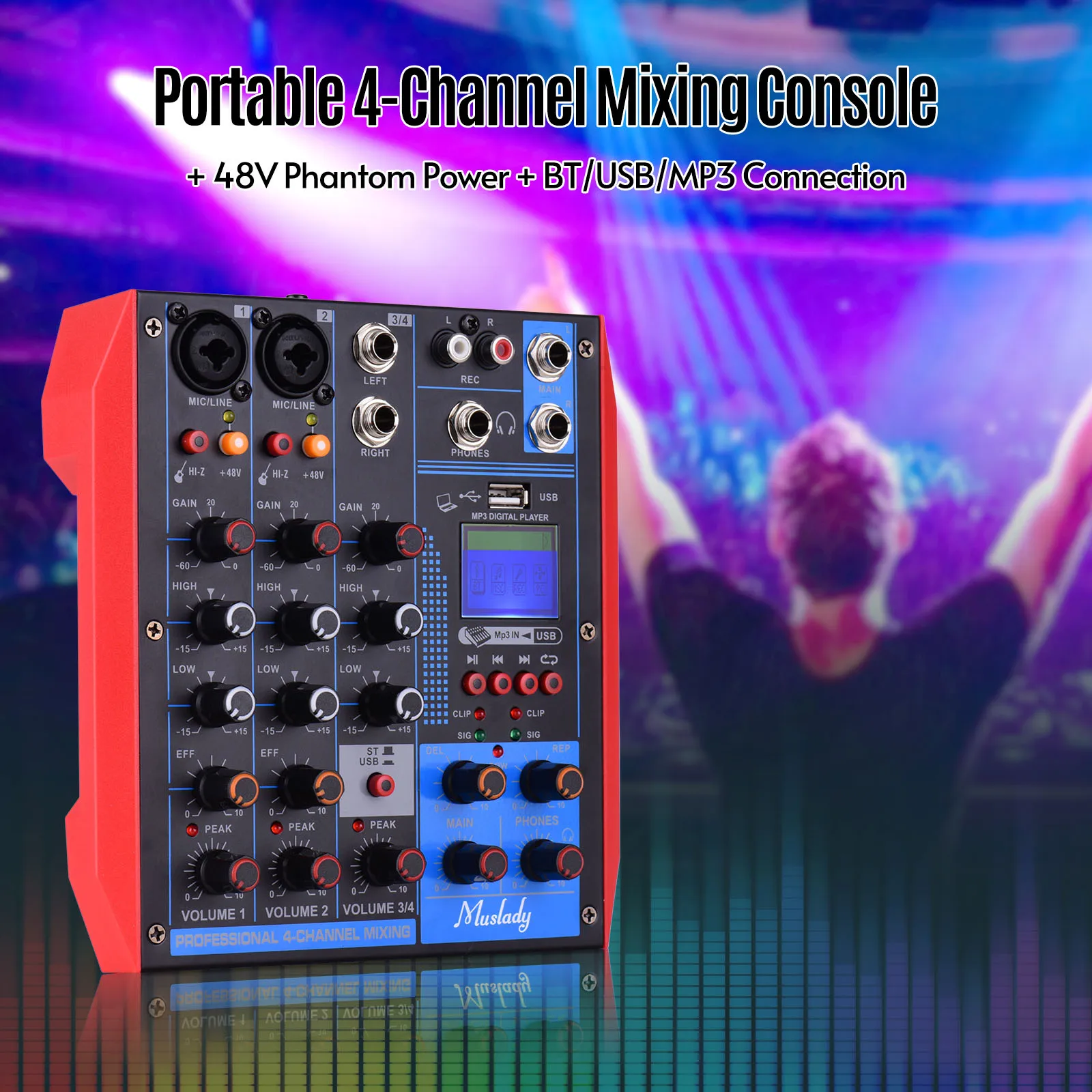 Muslady AG-4 Portable 4-Channel Mixing Console Digital Audio Mixer +48V Phantom Power Supports BT/USB/MP3 Connection |