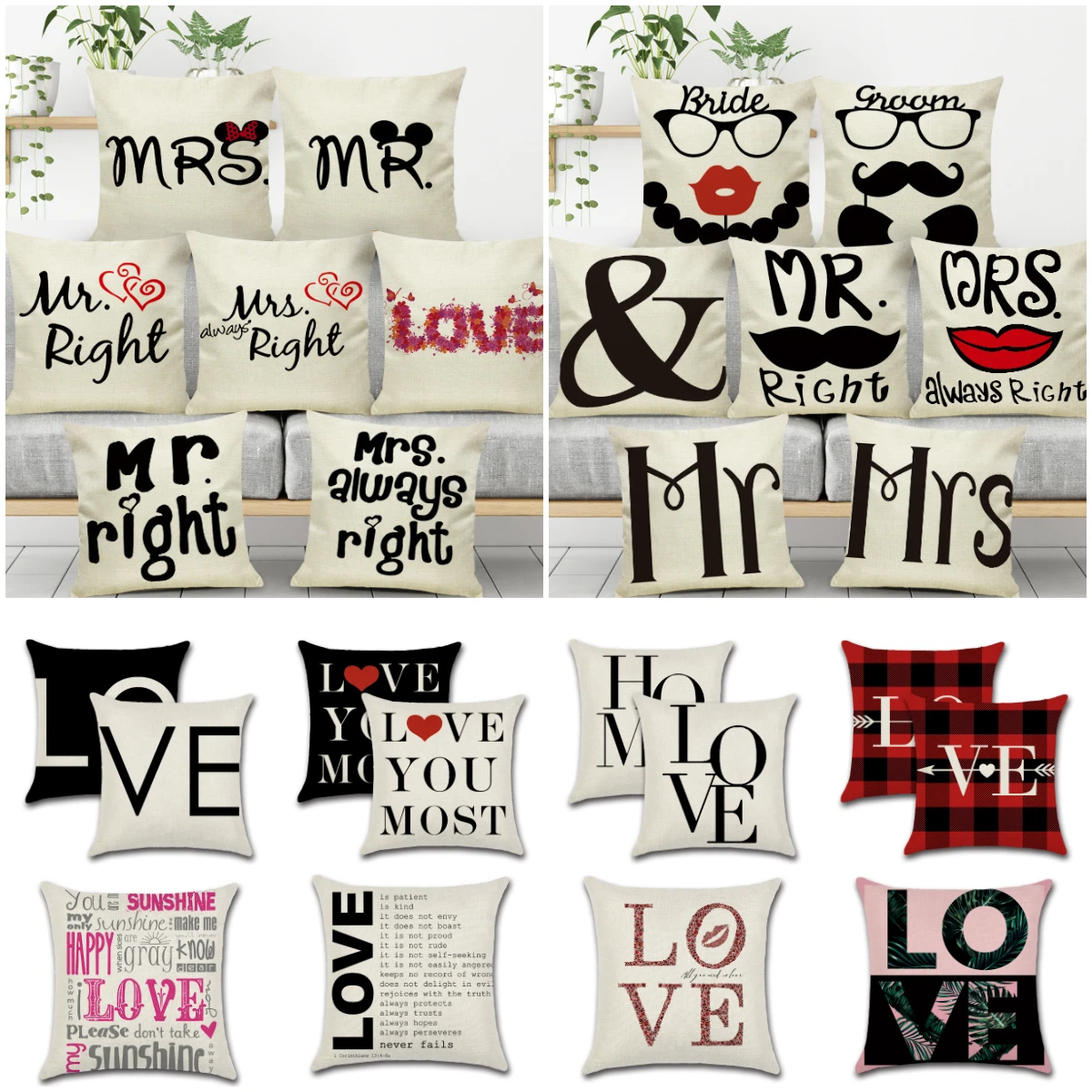 

Mr. Mrs. Right Wedding Cushion Cover Valentine Lovers Linen Pillows Case Modern Nordic Sofa Couch Decorative Throw Pillows Cover