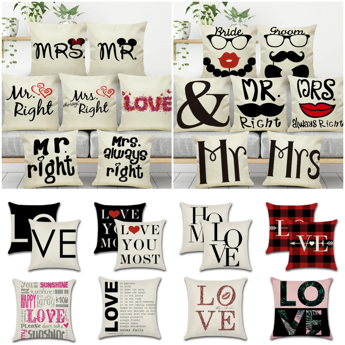 Свадебный чехол для подушки Mr. Mrs. Right льняные наволочки влюбленных на День
