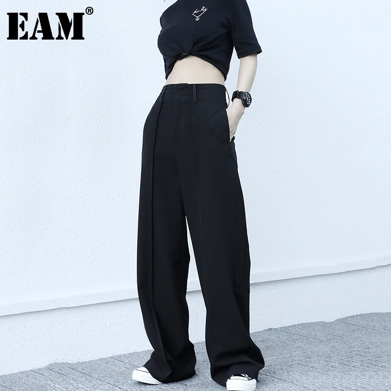 

[EAM] High Elastic Waist Black Wide Leg Pleated Trousers New Loose Fit Pants Women Fashion Tide Spring Autumn 2022 1DD6699
