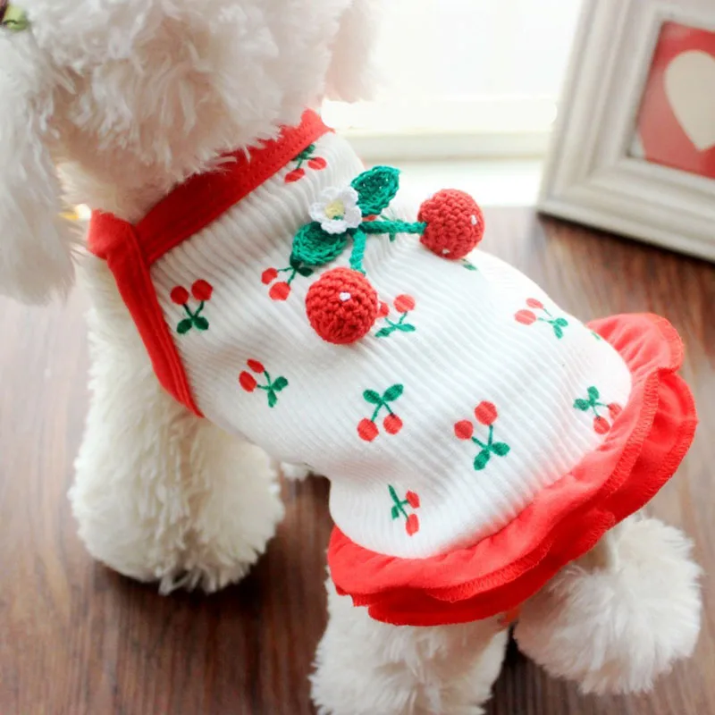 

Новинка, полосатая футболка для собак и кошек, весенне-летняя одежда с изображением вишневого кота, 2 цвета, одежда для собак и кошек