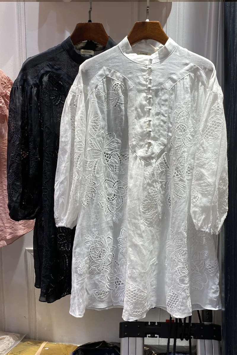 

French Soft and Comfortable Embroidery Hollow Out Cotton Hemp Retro Style Lantern Sleeve Dress Two Piece Set