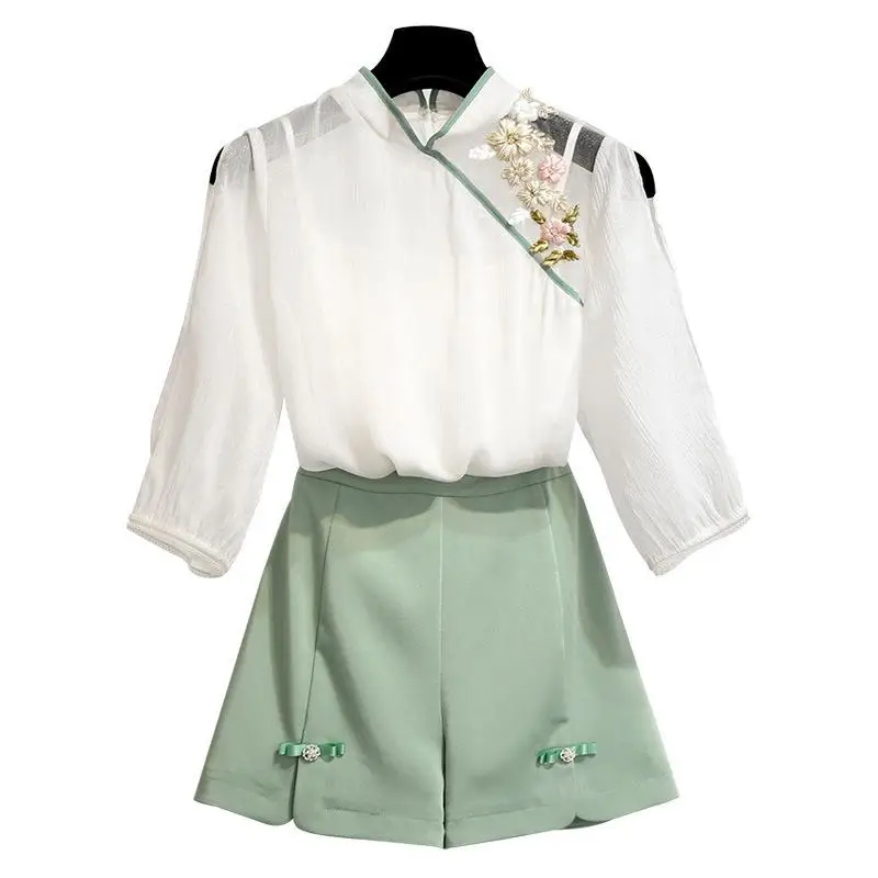 

lace embroidery blouse women 2 piece set elegant tops and shorts set spring summer 2 piece outfits Chinese style set