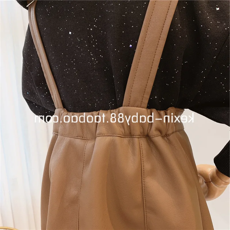 Autumn New Arrival Girls Fashion 2 Pieces Sets Warm Fleece Long Sleeve T Shirt+PU Overalls Dress Thanksgiving Outfits