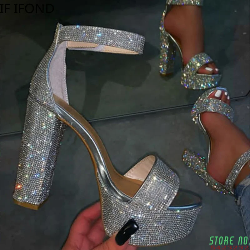 

Women Fashion shinning glitter silver Rhinestone pumps sexy ankle strap Buckle Thick High Heels Party Wedding Sandals