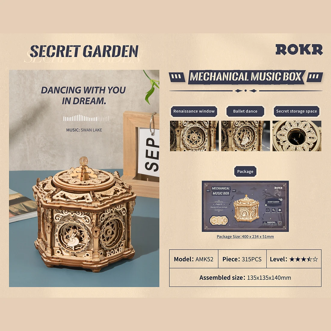 

315Pcs DIY Wooden Secret Garden assembly models Music Box 3D Mechanical Puzzle Model Educational Toy Creative Series Toys Gifts