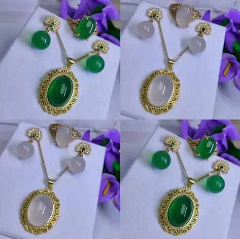 

silver rose gold green chalcedony ring agate jade earring pendant ring set Water drop rhinestone Zircon crystal gem Jewellery