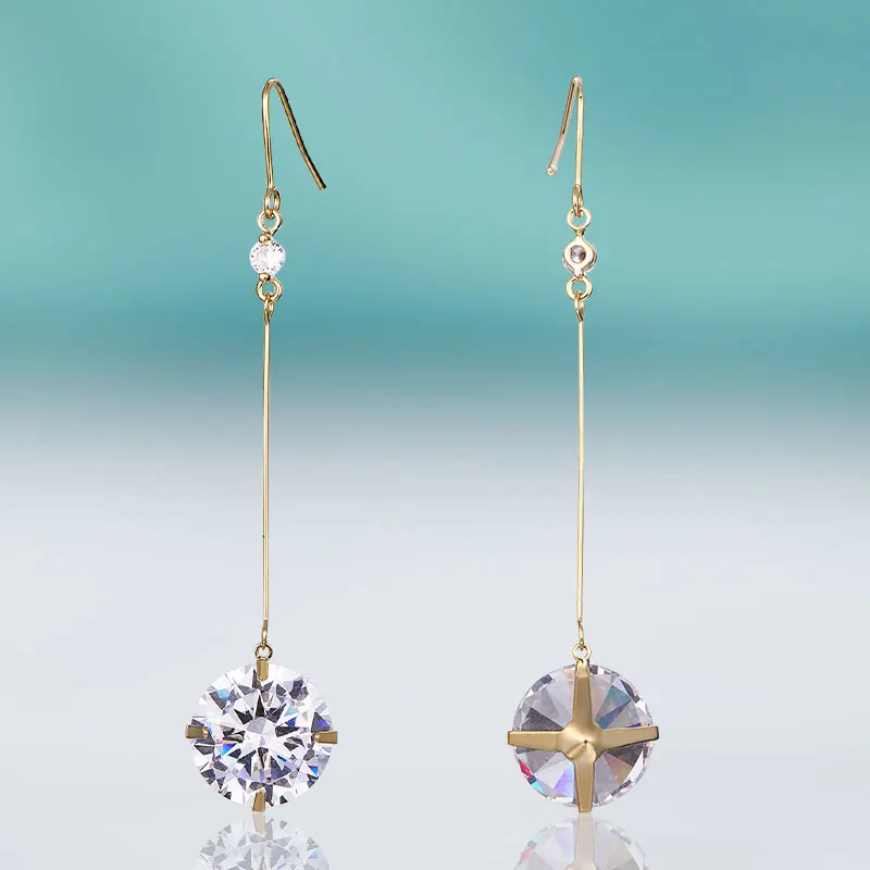 Женские длинные висячие серьги с фианитом золотистые/Серебристые