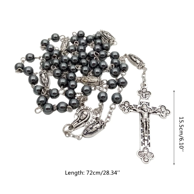

Vintage Religion Rosary Necklace Hematite Stone Round Beads Chain with Jesus Cross Pendant Necklace Charms Prayer Catholic new