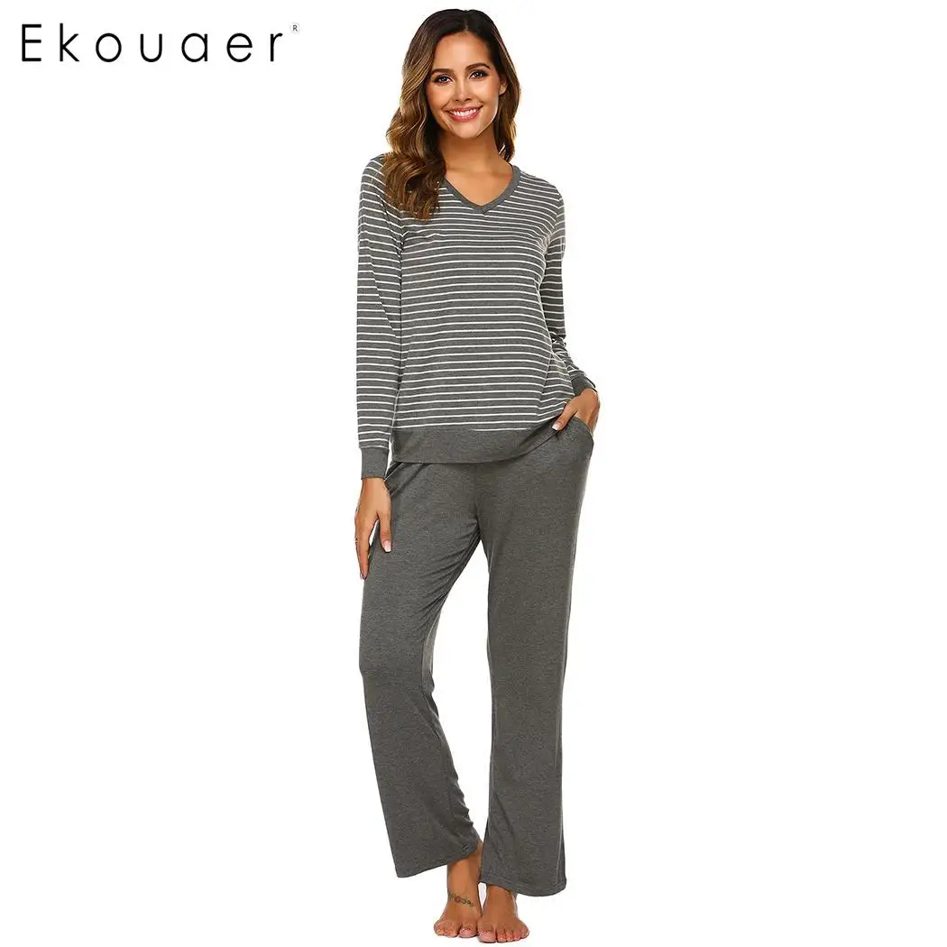 Ekouaer Для женщин пижамы одежда для сна в полоску с длинными рукавами круглым