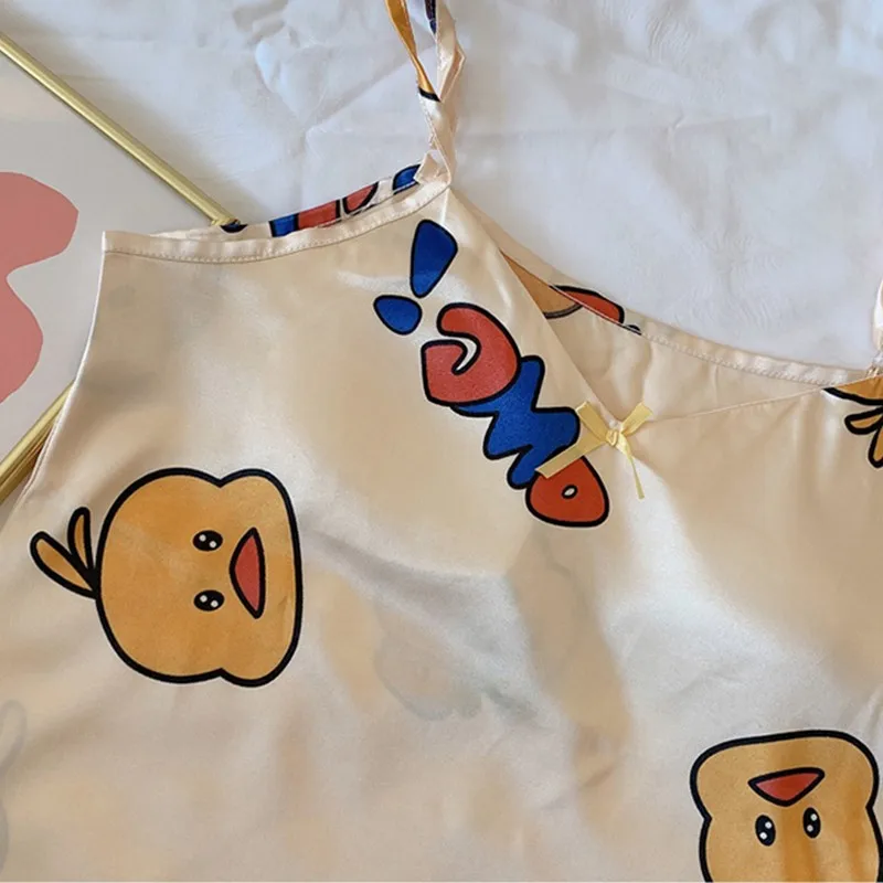 

Female Silk Satin Nightgown Lady Sexy Night Dress Women Nighties Sleeveless Yellow Duck Sleepwear V-neck Nightwear