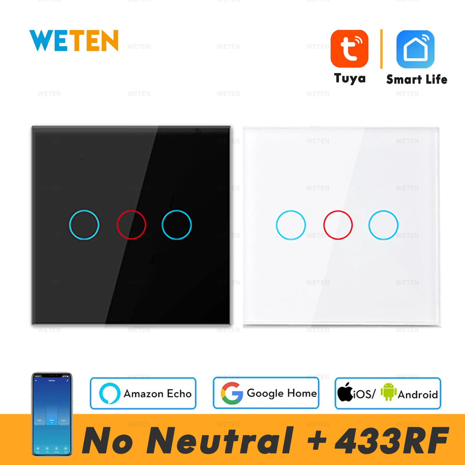 

Умный выключатель настенный, Wi-Fi, 1/2/3 клавиши, 433 в, 220 RF