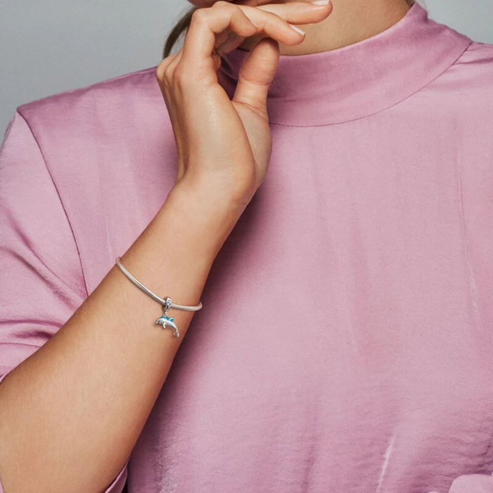 

New 925 Sterling Silver Charms Dolphin Enamel Shiny Zircon Fit Original silver Bracelet Necklace Suitable For Women summer Gift