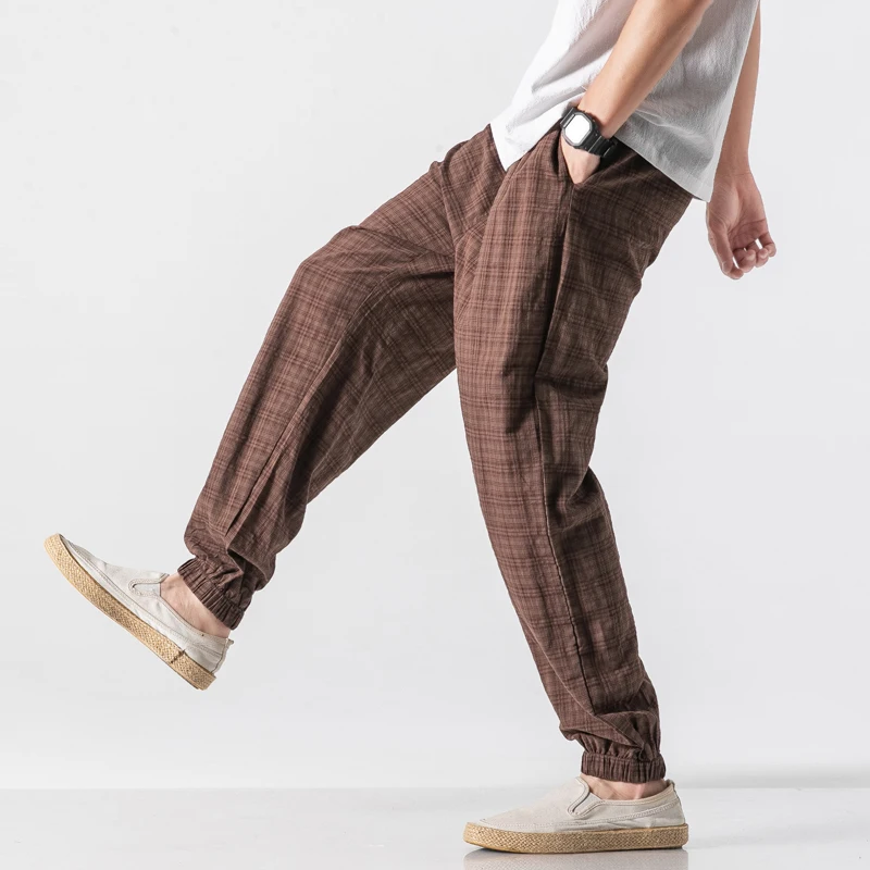 Autumn New Casual Pants Men Cotton Linen Slim Fit Grid Fashion Trousers Male Brand Clothing Plus Size 5XL Y1864
