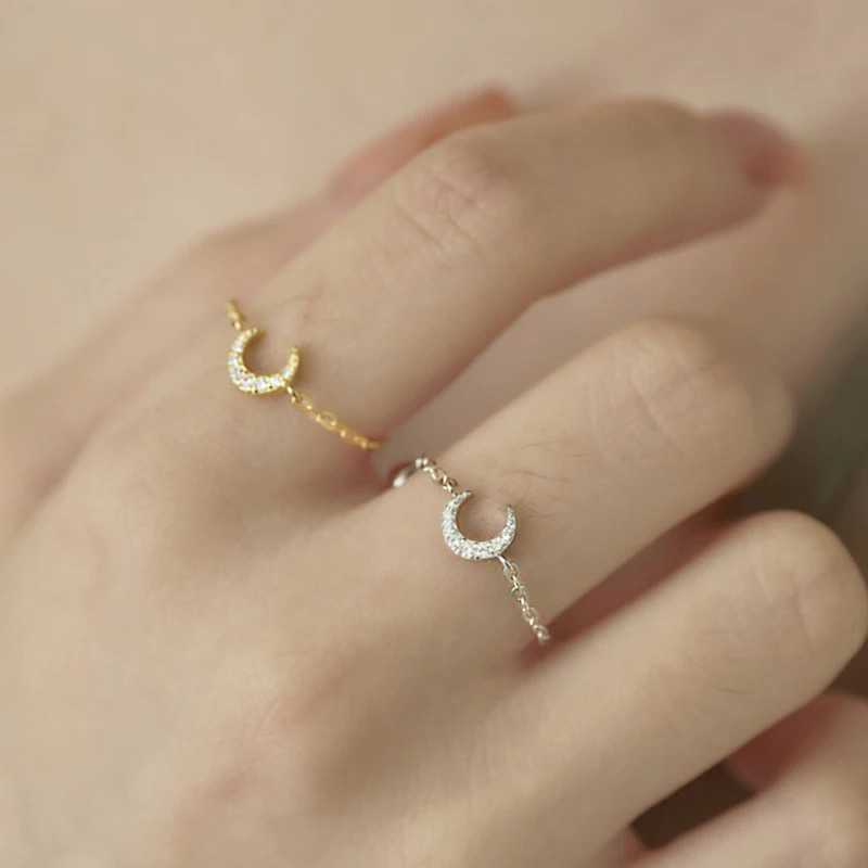 

ZN S925 Sterling Silver Ring Simple Rings Wild Moon Crescent Diamond Zircon Zipper Pull Opening Adjustment Ring For Women