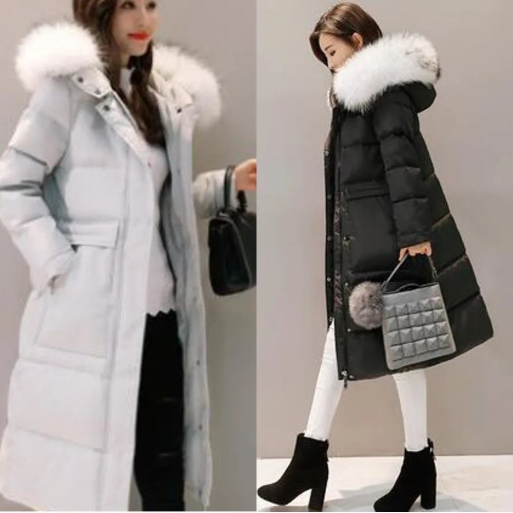 

Winter Size 3XL Long Women Down Jacket Thicken Warm White Duck Down Coat Winter fashion Hooded Fur collar outerwear