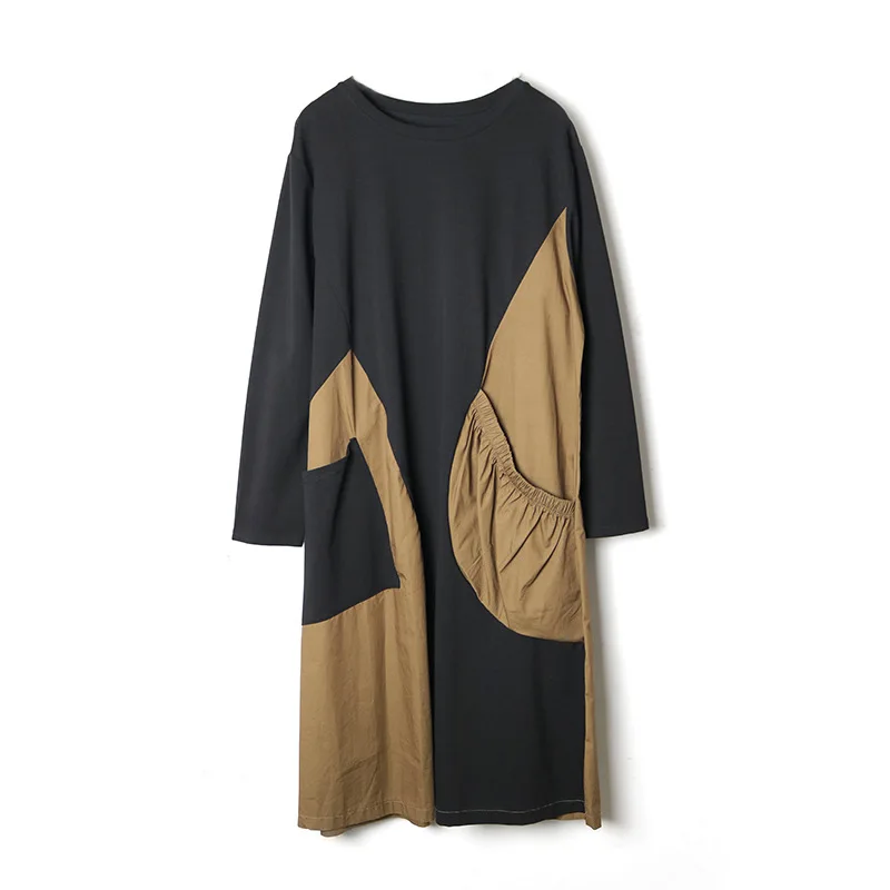 

SuperAen Spring New Design Color Pocket Loose Plus Size Casual O-Neck Mid-Calf Summer Dress Women