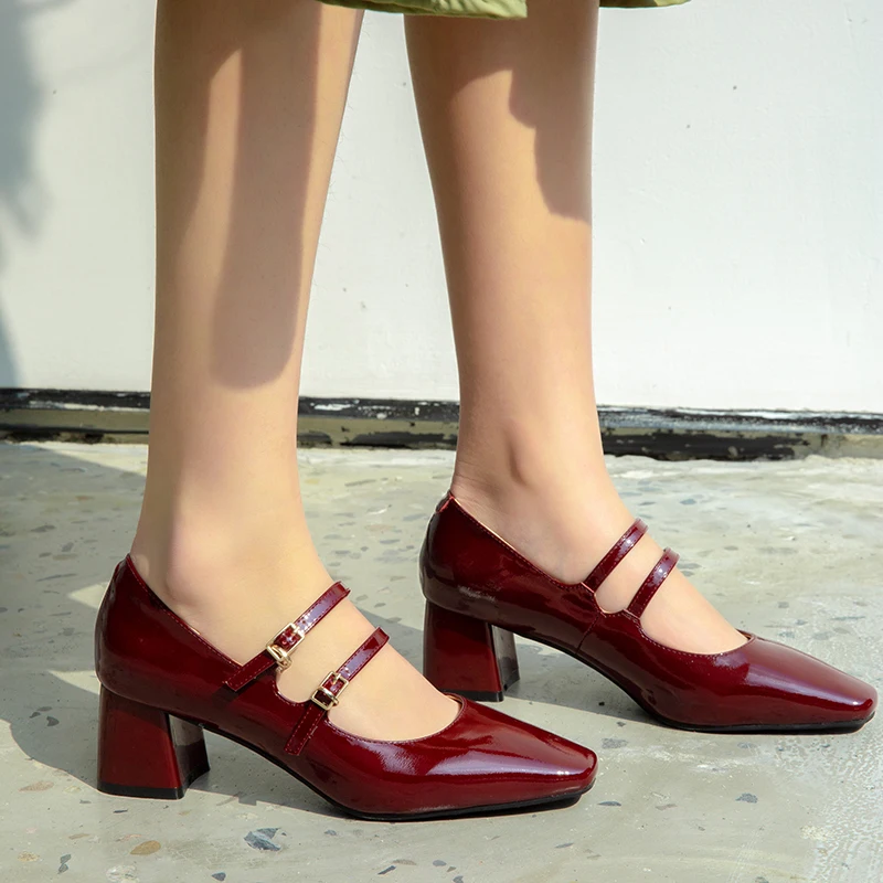 

Retro Concise Elegant Women Pumps New Genuine Leather Square Toe Mary Janes High Heels Casual Spring Summer Shoes Woman