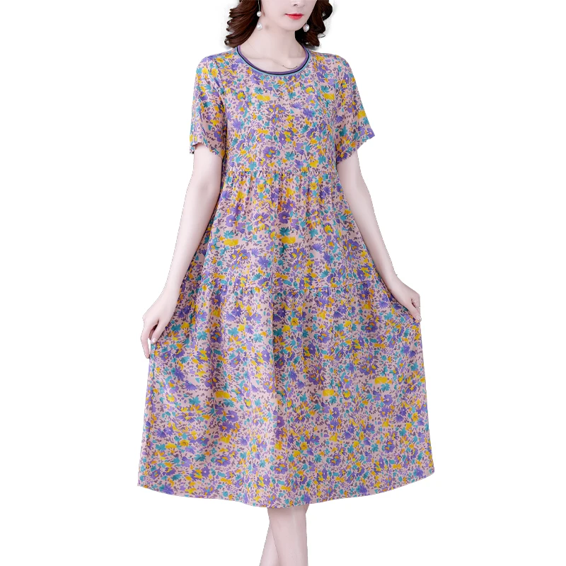 

2021 Summer New Ladies Long Dress Loose Retro Chinese Style Short Sleeve Printed Dress for Women M-4XL