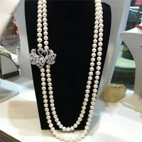 hand knotted 75 80cm 7 8mm white natural freshwater pearl micro inlay zircon long sweater chain necklace fashion