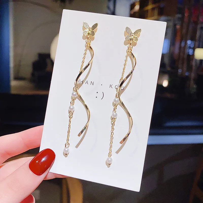

925 Silvers Butterfly Dangle Earrings Femininity Long Baroque Pearl French Korean Jewelry Woman Earring Drop Shipping