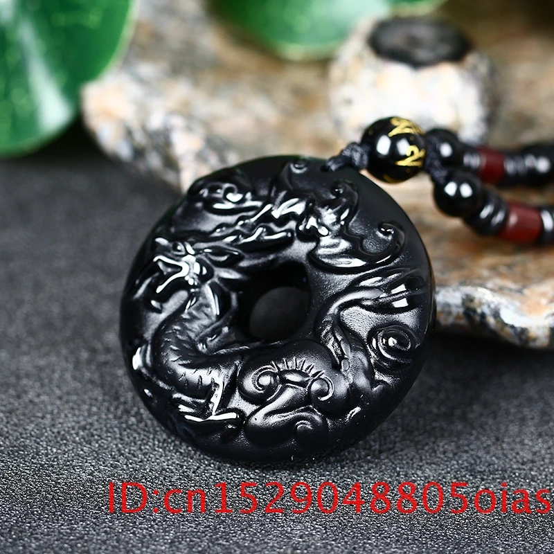 Натуральный черный обсидиан бусы ожерелье ручной работы Зодиак Дракон кнопка