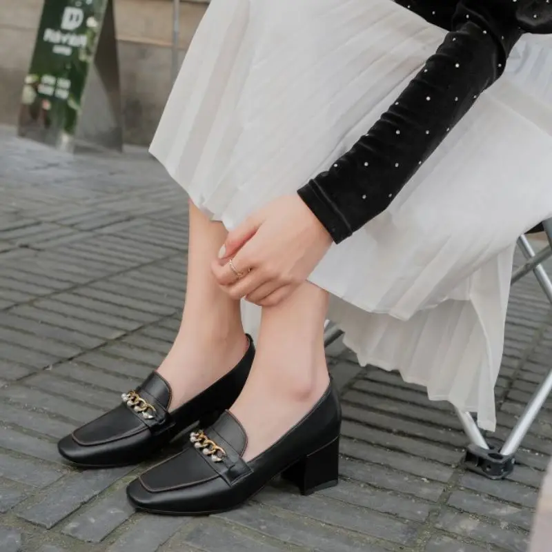 

Rizabina Women High Heel Shoes Cow Leather Metal Chain Beads Pumps Women Fashion Elegant Women Shoes Footwear Size 34-40