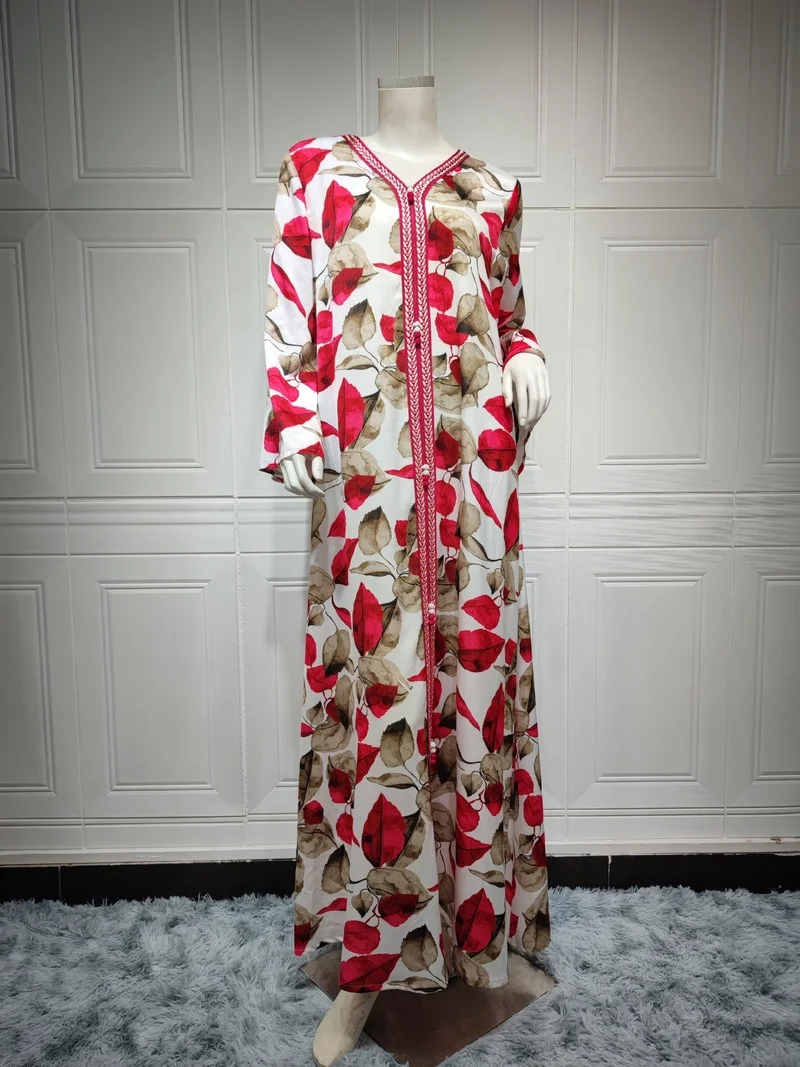 Autumn Muslim Women Long Sleeve V-neck Printing Polyester Long Dress Muslim Dress Maxi Dresses for Women