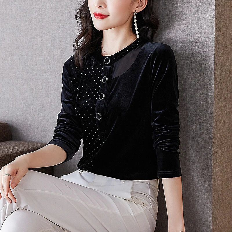 

Винтажные Лоскутные Бархатные Топы с сетчатыми вставками, женские популярные блузки с длинным рукавом и пуговицами, рубашка, черный пулове...