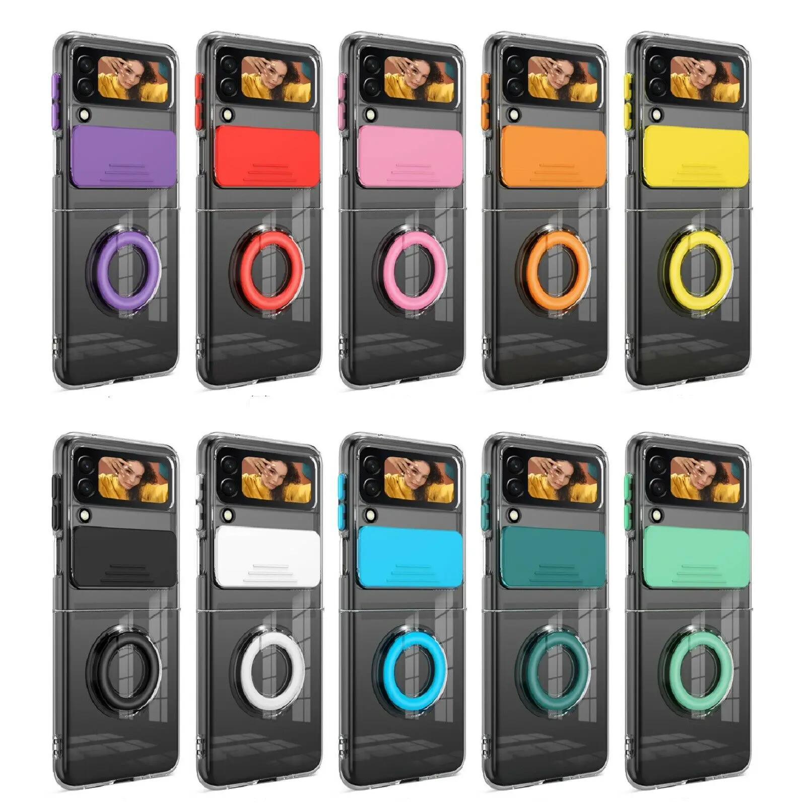 

For Samsung Galaxy Z Flip 3 Case Slide Window Camera Shockproof Transparent Soft Cover ZFlip 3 Flip3 ZFlip3 5G Stand Ring Funda