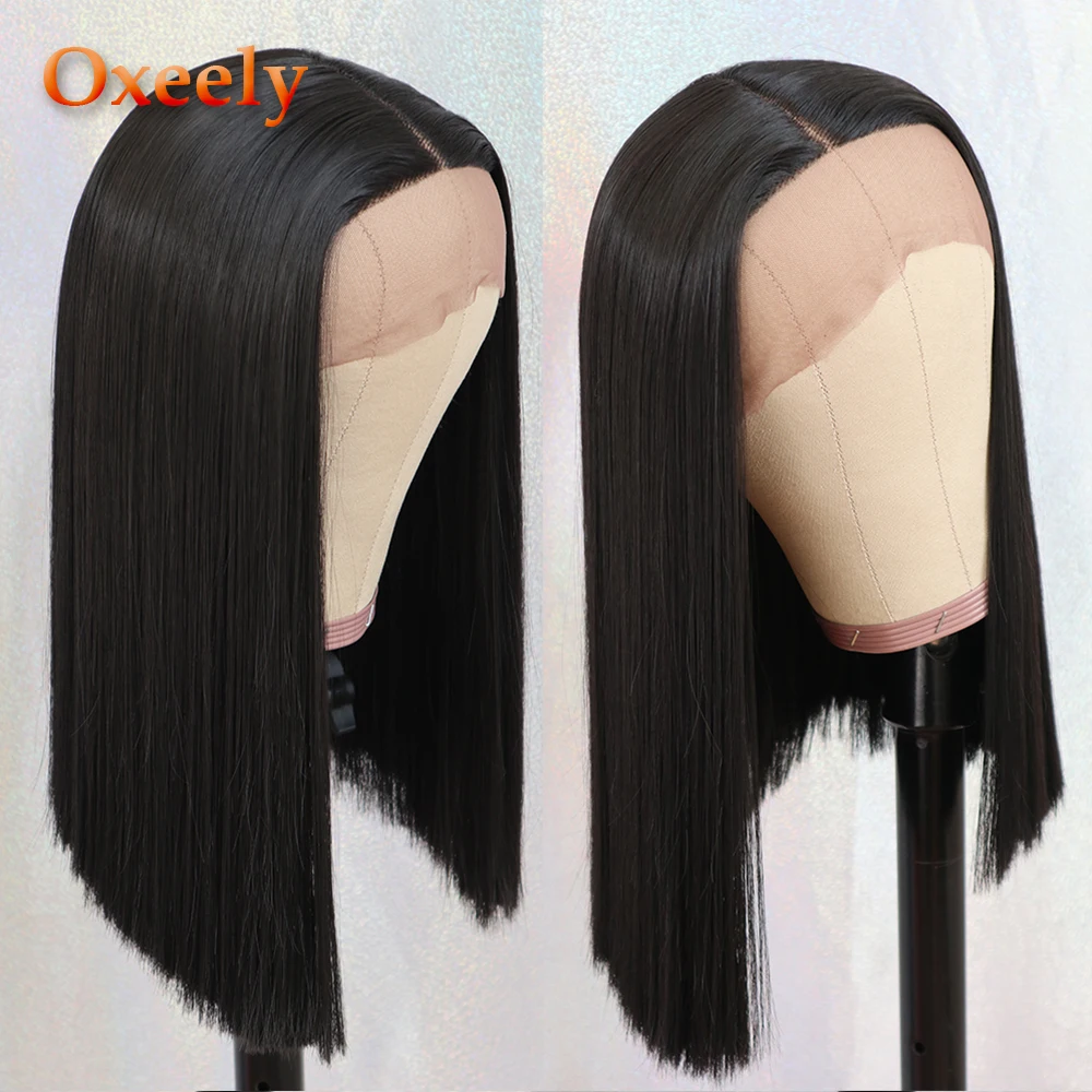Oxeely черный короткий прямой парик Боб синтетические кружевные передние парики