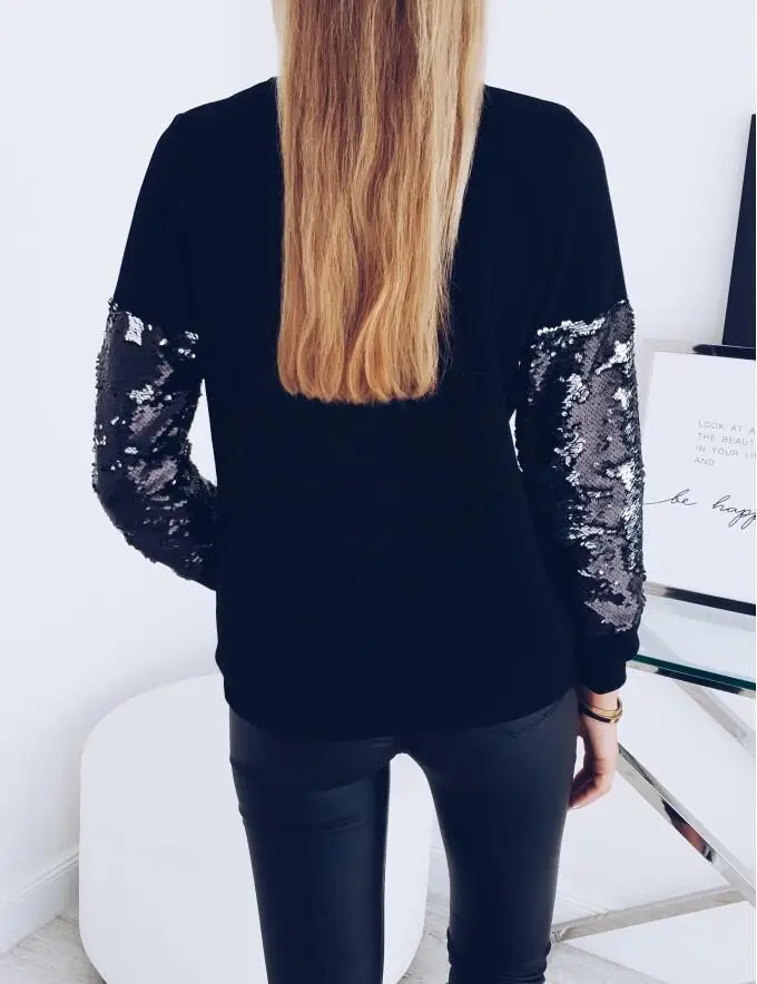 

Black Highstreet Sequin Colorblock Full Raglan Sleeve Streetwear Sweatshirt 2019 Autumn Casual Women Sweatshirts