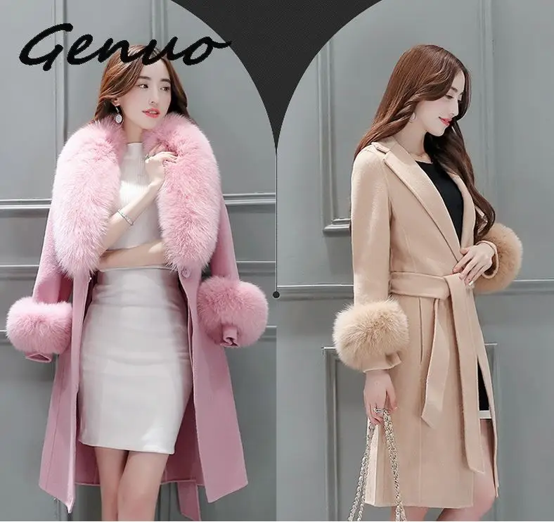 

Genuo 2019 New Elegant Slim Long Trench Coat Women Autumn Winter Wool Blend Coat Female Long Sleeve Woolen Jacket Fur Outerwear