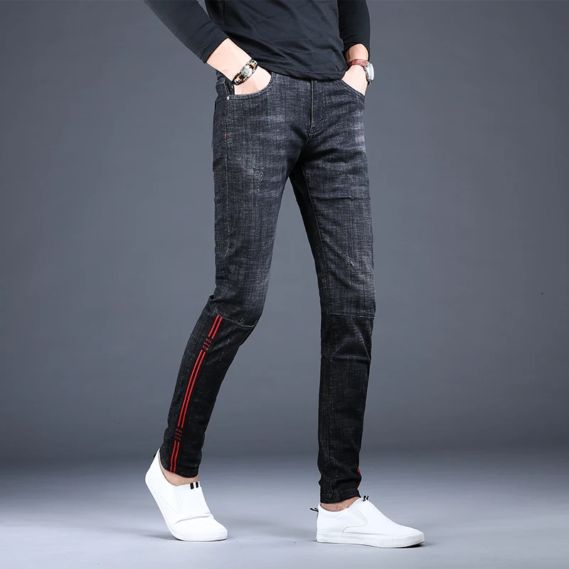 

VIANKANI Men Black Jeans Fashion Side Stripe Slim Fit Pencil Pants Korean Style Casual Stretch Denim Trousers 28-38 กางเกงยีนส์