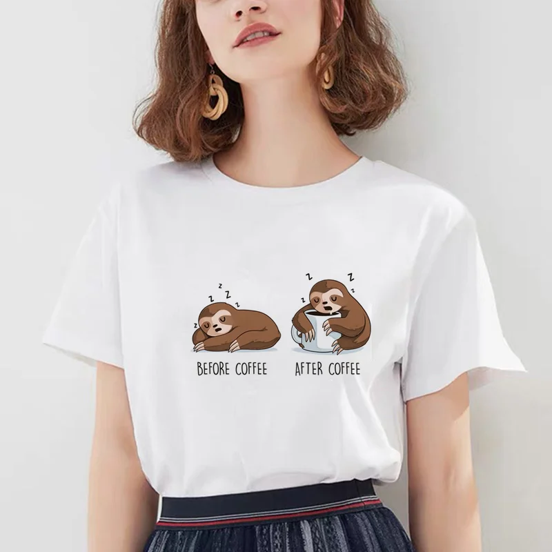 

2020 New Fashion Cute Sloth Hug Coffee Lazy Graphic White T Shirt Women Tops Casual 90s Aesthetic Girl Tshirt Streetwear Tee